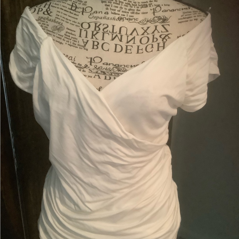 White House Black Market White V-Neck Ruched Short Sleeve Top